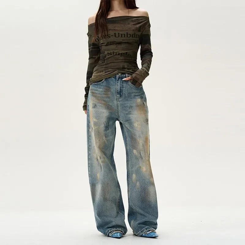 Unisex High Waist Wide Leg Jeans - Splashed Ink Effect Denim