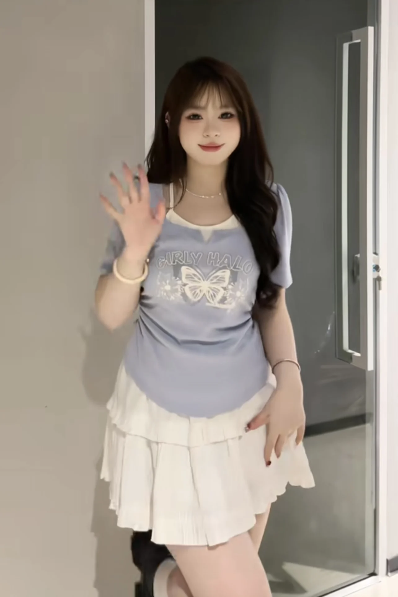 슬리밍 나비 인쇄 투피스 환상 반팔 여성 여름 달콤한 노화 감소 배꼽 커버 티셔츠