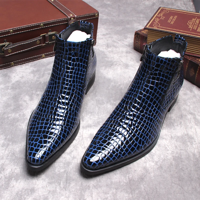 

Men's Autumn Genuine Leather Ankle Boots Pointy Black Blue Formal Mens Dress Boots Side Zipper Snake Pattern Chelsea Boot Men