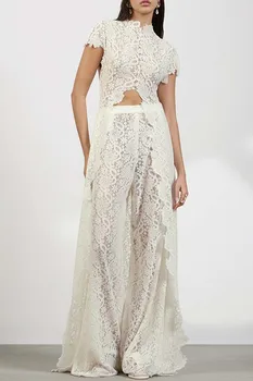 Elegant White See Through Flower Lace Pants Sets Women Sexy Short Sleeves Maxi Top High Waist Trousers Two Piece Set Fashion 1
