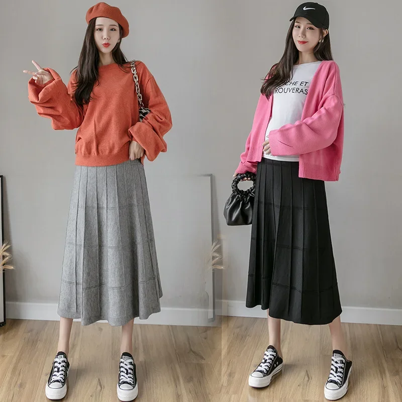 Maternity Skirt Autumn Winter Plaid A- Line Maxi Skirt Belly Support High Waist Base Layer Long Outerwear Spring Summer