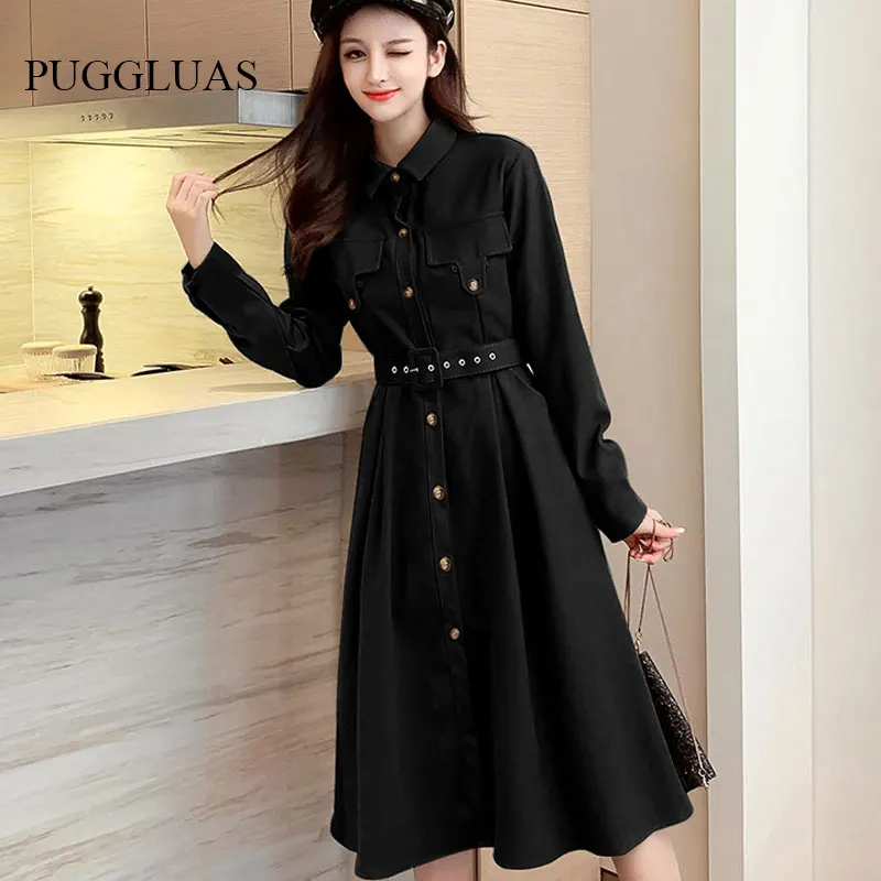 

Элегантное женское платье-поло с воротником-поло, платье миди с длинным рукавом в стиле ретро, корейское черное цельное платье-трапеция в стиле Хепберн красного цвета