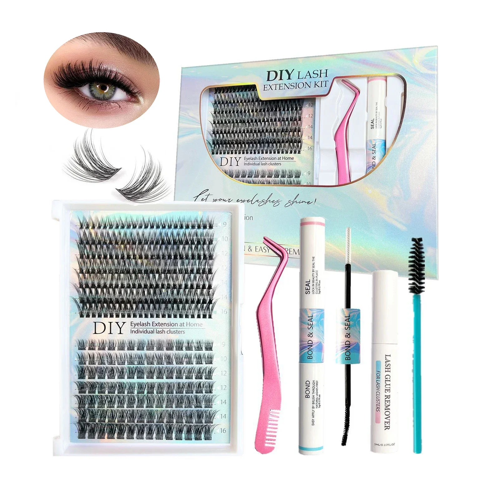 

Lash Extension Kit 280 Lashes Clusters with Lash Bond and Seal and Tweezers Curl Thin Band Soft Fluffy Reusable False Eyelashes