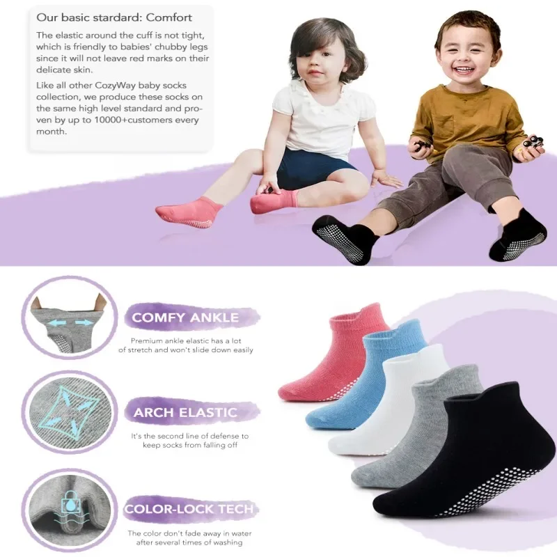 6 Pairs/Lot Spring Autumn Kids Anti-slip Socks Solid Color Soft Breathable Cotton Babys Boat Socks Boys GirlsTrampoline
