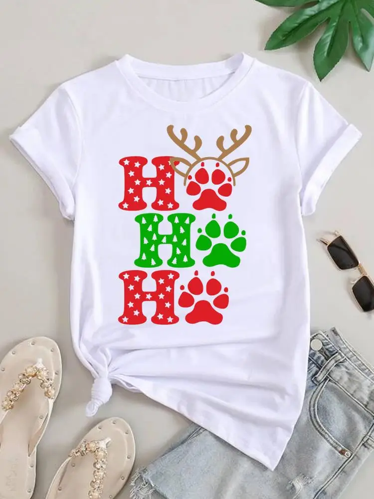 

Graphic T-shirt Print Top Fashion T Shirt Clothes Christmas Paw Dog Cat Lovely New Year Women Female Ladies Clothing Tee