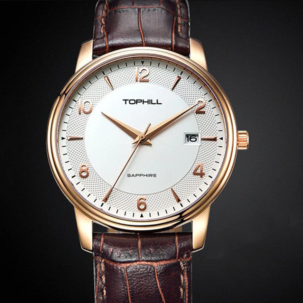 

Luxury Dress Watch Men 39mm Business Quartz Wristwatches Fashion Rose Gold Stainless Steel Sapphire Glass Calendar Clock TOPHILL