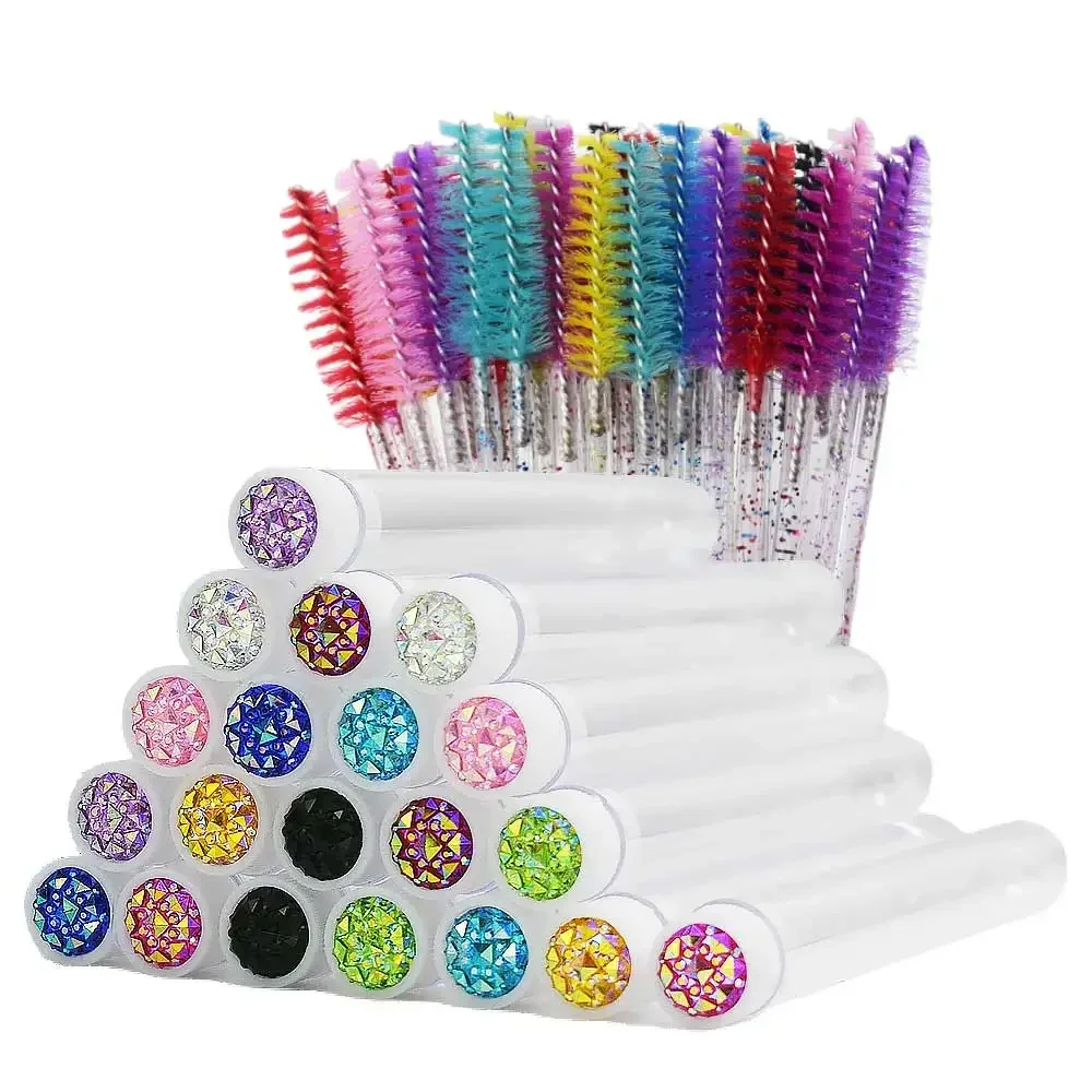 50Pcs Eyelash Brush Tubes with Crystal Mascara Wands & Eyebrow Comb Spoolies - Makeup Tools for Lash/Brow Applicators