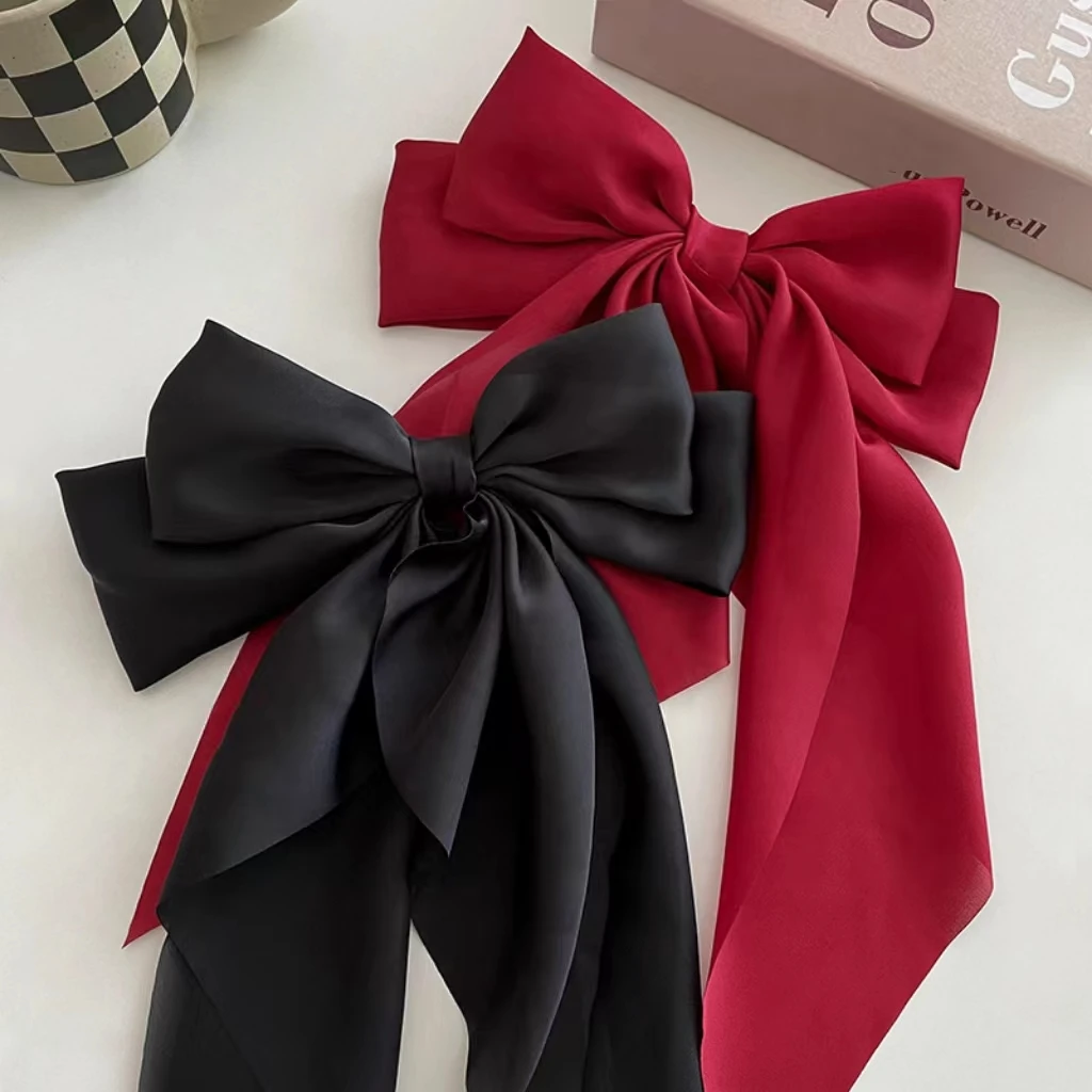 Elegant Bow Ribbon Hair Clip Fashion Simple Solid Satin Clip Hair Pin Retro Headband with Clips Girls Hair Accessories