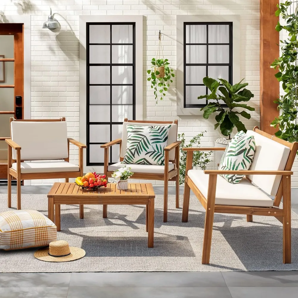 

Patio Furniture 4 Piece Outdoor Acacia Wood Patio Conversation Sofa Set with Table and Cushion Porch Furniture