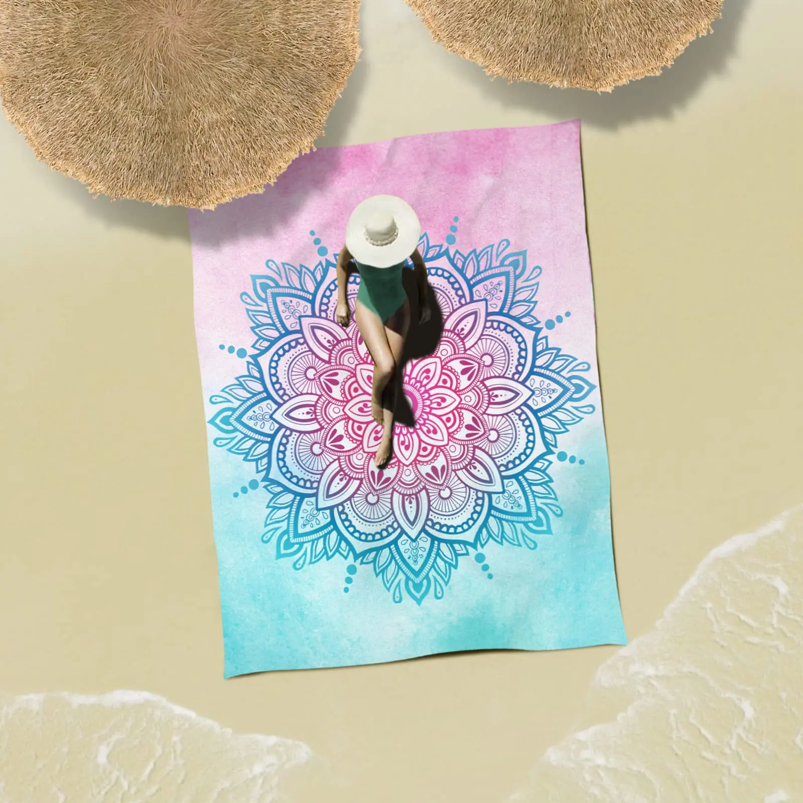 Sand Proof Beach Blanket with Corner Pockets and Mesh Bag for Beach Party,Travel,Camping,Watercolor Sky Blue Light Pink Mandala 6