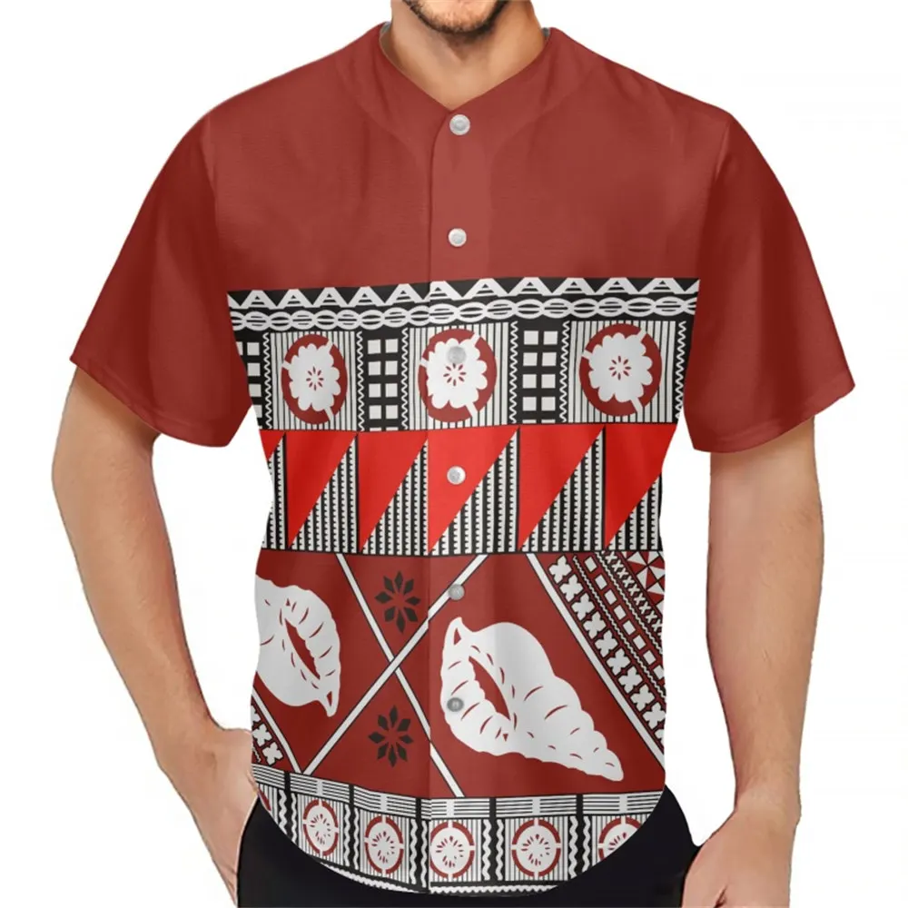 

Polynesian Tribal Samoa Fiji Masi Tapa Print Button T-Shirt Summer Casual Short Sleeve Fashion V-Neck Men Baseball Jersey