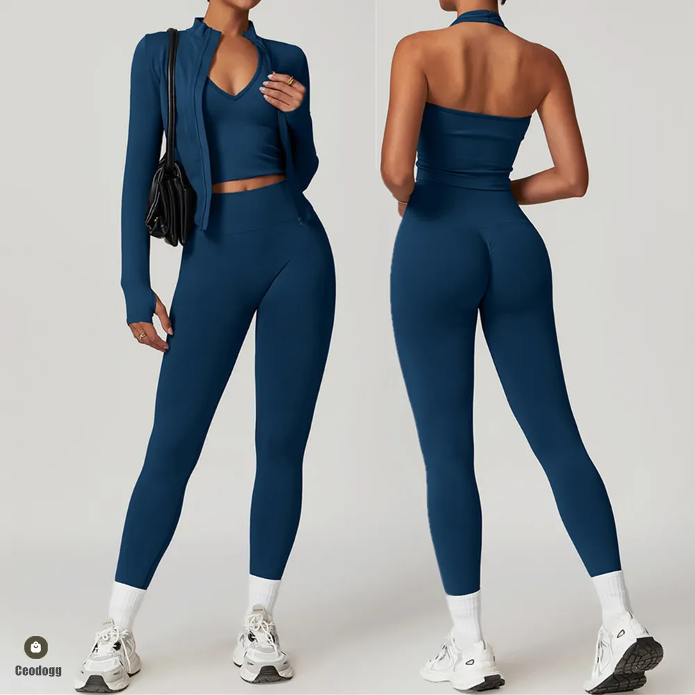 Yoga Set Sports Set Gym Workout Set Sportswear Set Fitness Set Sports Bra Set Yoga Pants Set 3PCS Seamless Long Sleeve Jacket Yoga Set