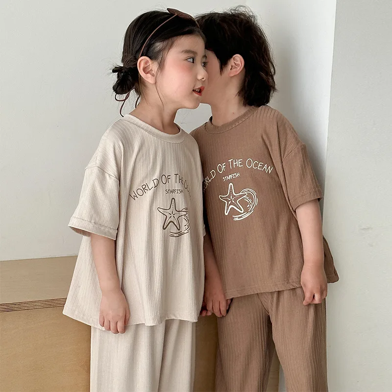 2025 Summer Kids Sleepwears Set Boys Cute Starfish Letter Home Suit Cotton Soft Children Girls Thin Pajamas Loungewears 4