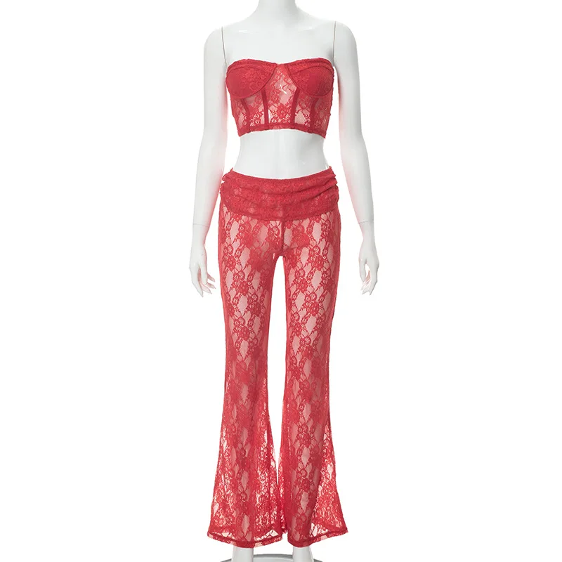 Women Sexy Lace See Through Slim 2 Piece Set Spring 2024 Sleeveless Strapless Crop Tank Top Flare Pants Casual Club Streetwear