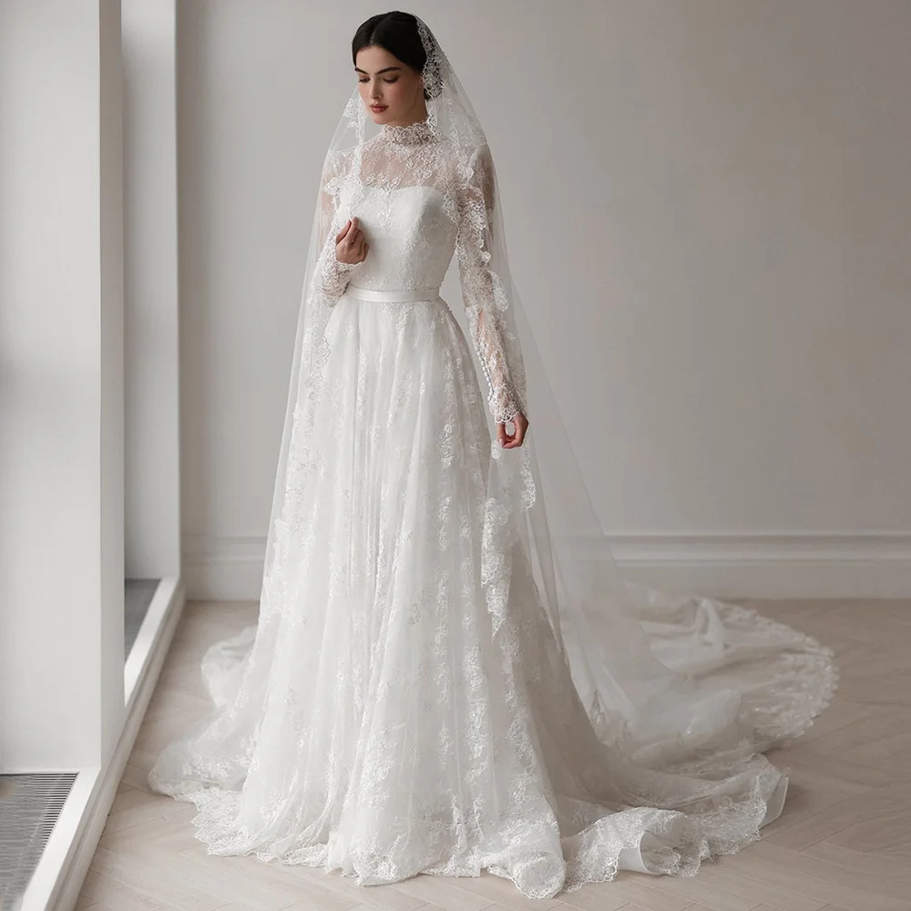 Shinny Sequined Lace Wedding Dress Customized High Neck Long