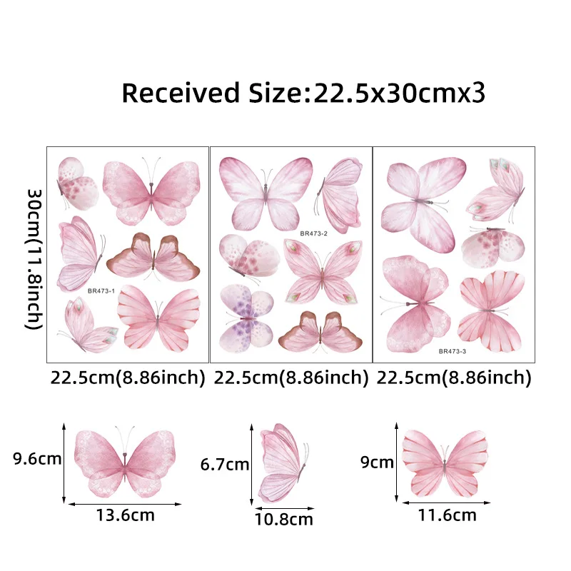 Pink Butterfly Self-Adhesive Wall Stickers - Aesthetic Girl's Room Decor, 22.5x30cm 3pcs Set for Bedroom & Kindergarten