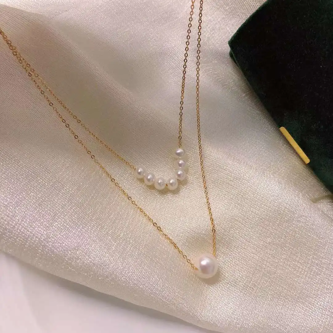 

Classic popular double-layer Clipper card necklace 4-5MM and 10MM near round slightly flawed natural freshwater pearl necklace