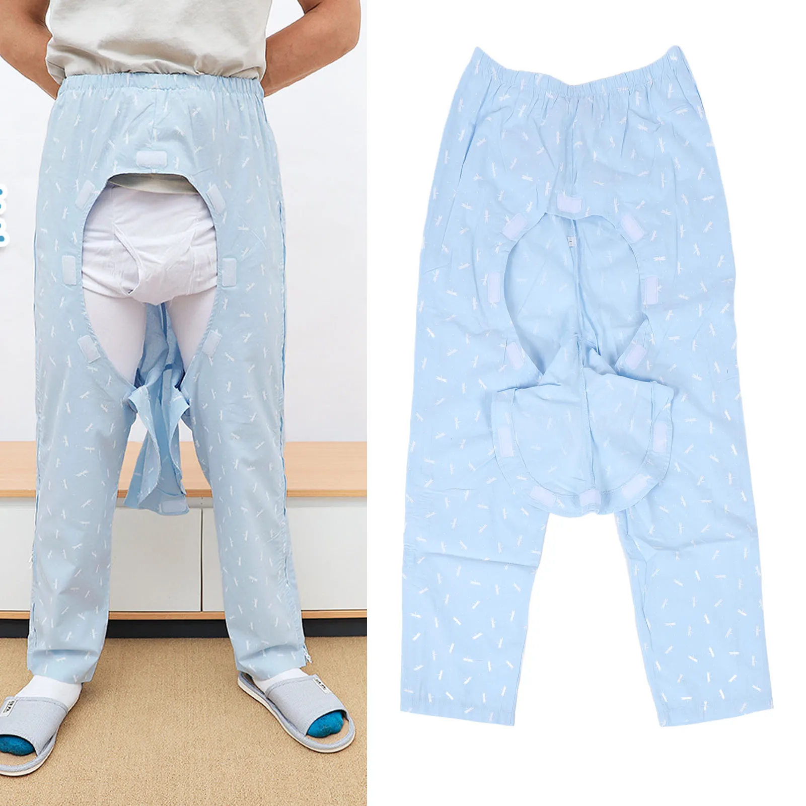Open Crotch Bedridden Trousers Cotton Full Open Down Elastic Waist Soft Dragonfly Print Patient Bedridden Pants for Disability 2
