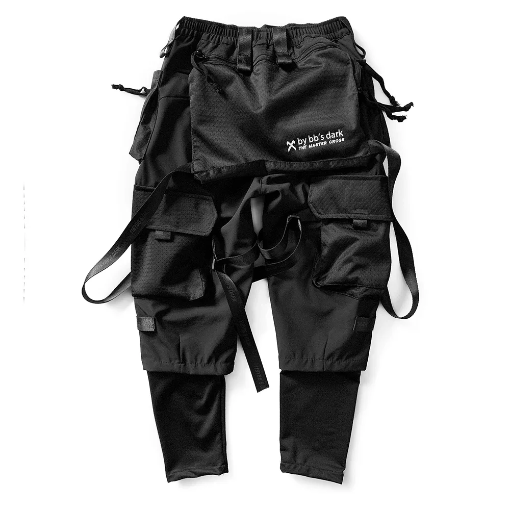 Techwear-男性用カーゴパンツ、ブラックストリートウェア、日本