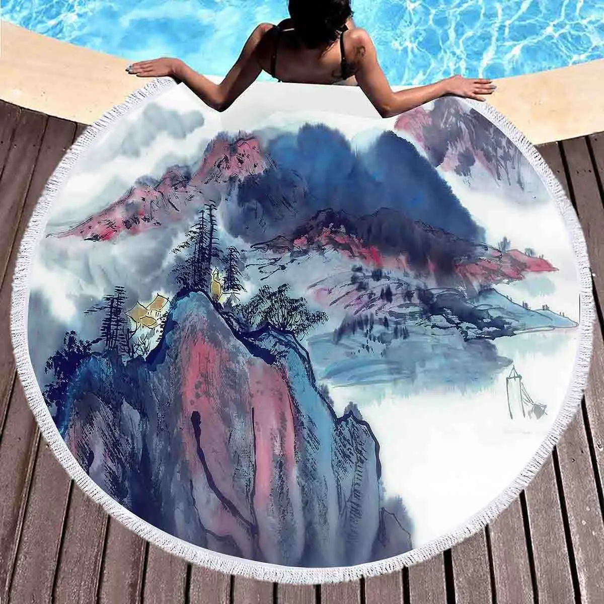 

Round Beach Towel Landscape Ink Painting Beach Blanket Pool Towels Soft Sand Free Water Absorbent Picnic Chinese Style Blanket