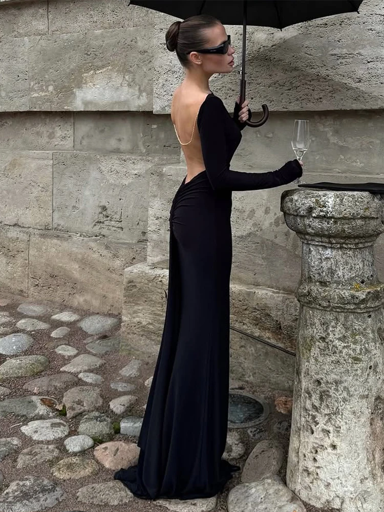 Nibber Fashion Dress Women Elegant Bead Backless Sexy Classic Slash Neck Full Sleeve Simple Solid Stretch Banquet Party Vestidos