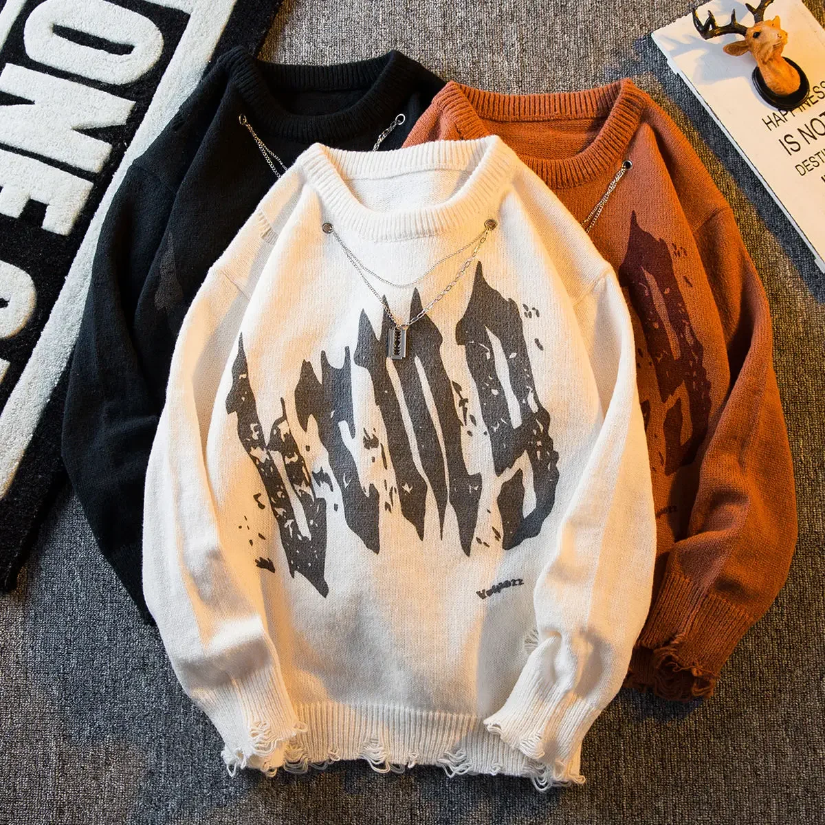 American Style High Street Ins Necklace Design Sense Niche Sweater Men and Women Trendy Round Neck Loose Knit Shirt Top Clothes