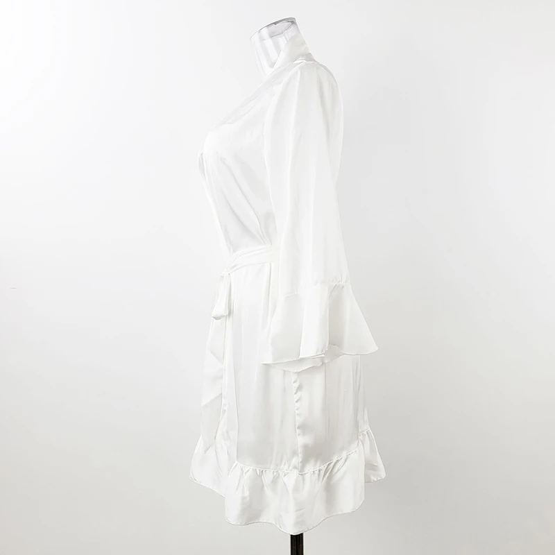 White Black Satin Robe Ruffle Sleeves Sweet Women's Ruffled Nightgown Summer Spring Soft Silky Satin Sleepwear Kimono Bathrobe