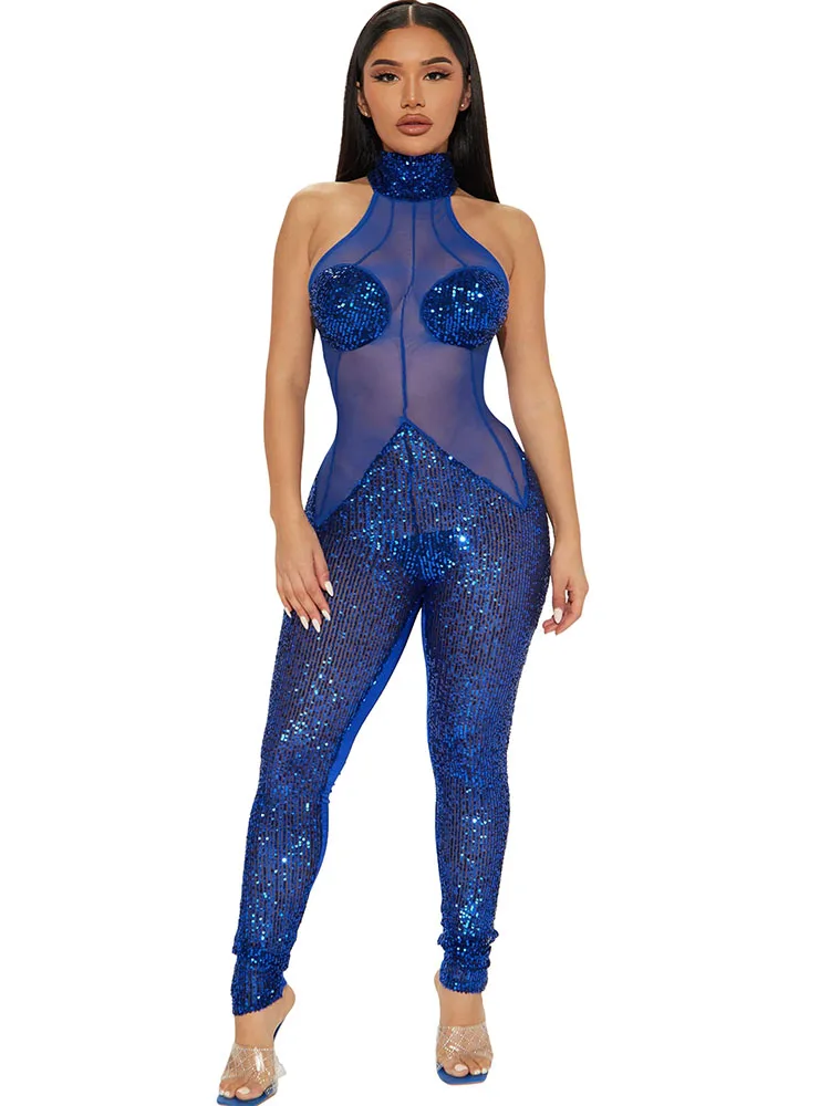 

Сетчатый блестящий комбинезон с лямкой на шее, женский прозрачный цельный костюм для ночного клуба, одежда на день рождения, черные ромперы, искусственная кожа