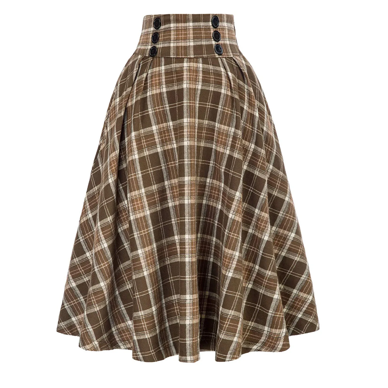 Women Vintage Pleated Plaid Skirt Elegant Ladies High Waist Button Casual Wrap Midi Skirt Autumn Winter Plus Size Preppy Skirts 3
