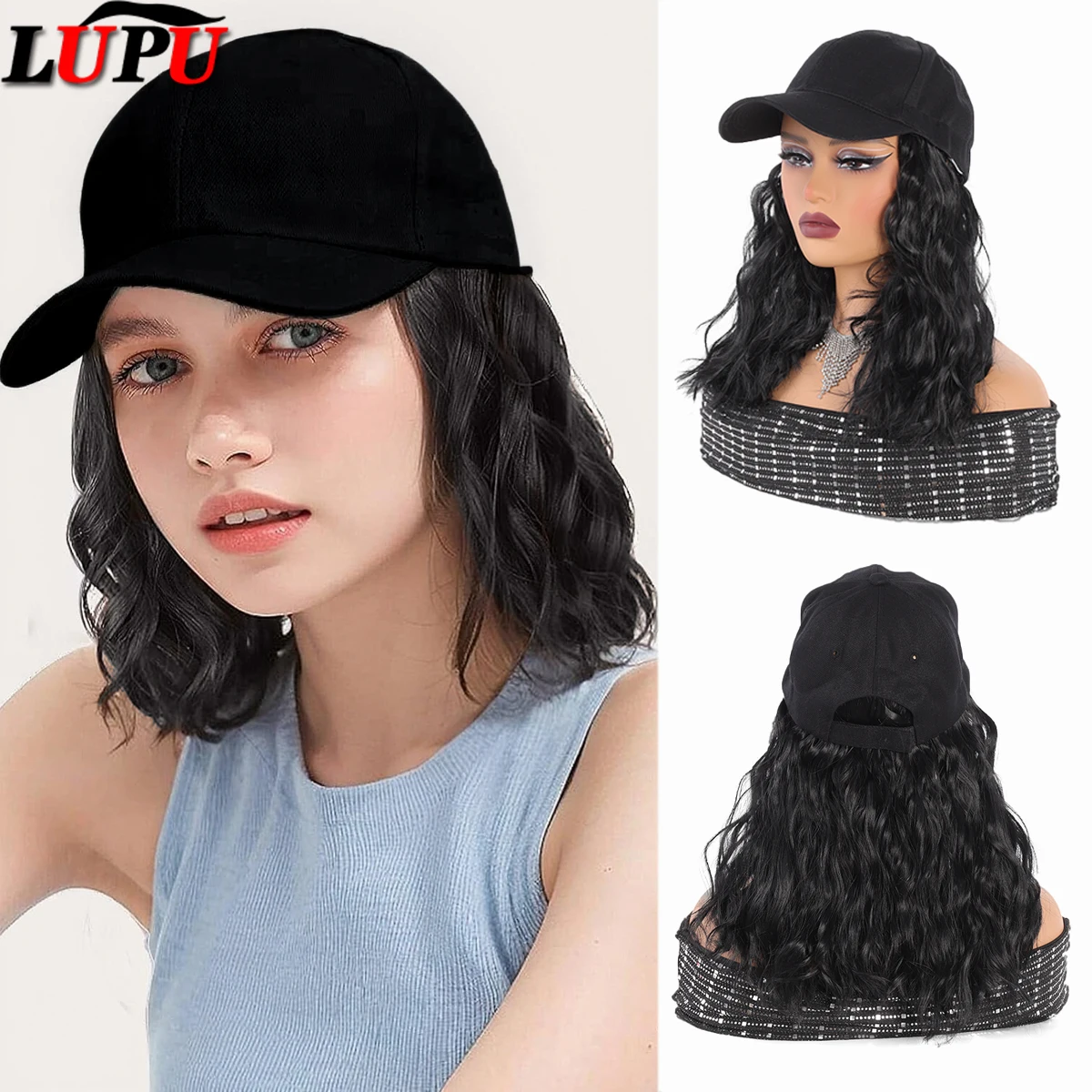 LUPU Hat wig Women's Shortwave Baseball cap wig With Curly Hair Wig Synthetic wave Adjustable Brown Black Baseball cap Wig