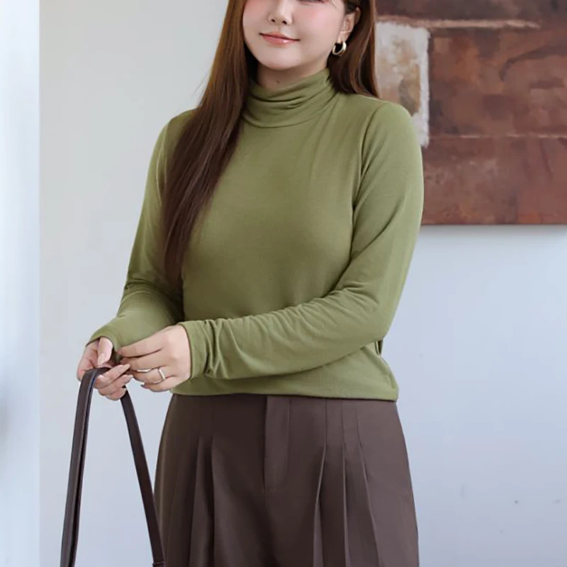 XXXL Fashion Plus Size Women's T-Shirt Premium Solid Color Turtleneck Slim Tees French Soft Commuter Long Sleeve Tops 8808