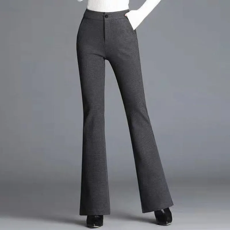 

Korean Casual High Waist Solid Gray Slim Woolen Flared Pants Style Classic Pants Female Formal Chic Big Size 4XL Flare Trousers