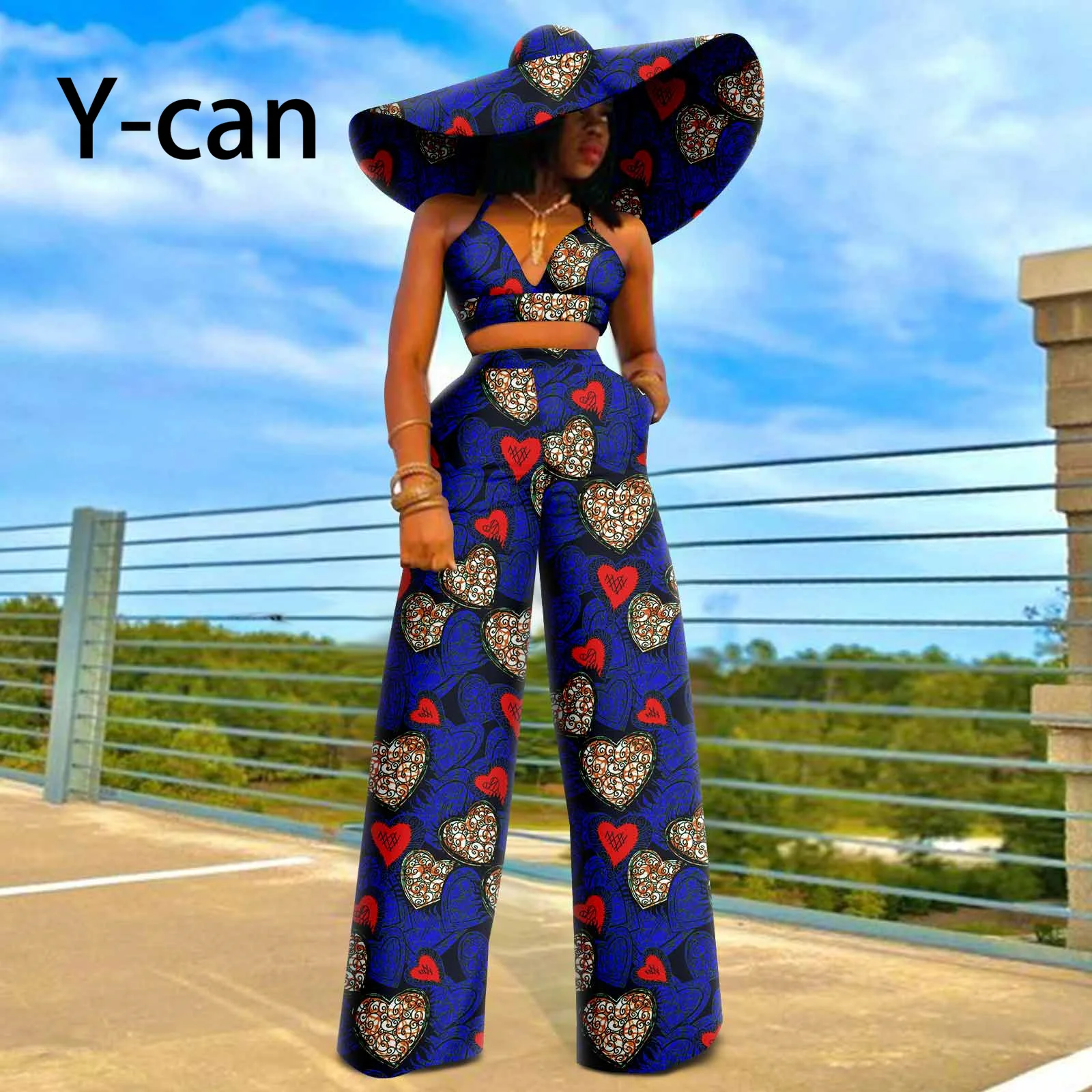 African Women 2 Piece Set Sexy Wax V-Neck Vest Camisole and Full Pants Match Sun Hat Ladies Party Beach Wear Wedding Y2226007