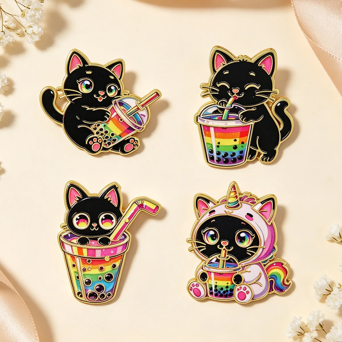 4pcs/set Rainbow Black Cats Brooches for Clothes Soft Enamel Pins Lapel Pins for Backpack Badges Jewelry Accessories Gifts