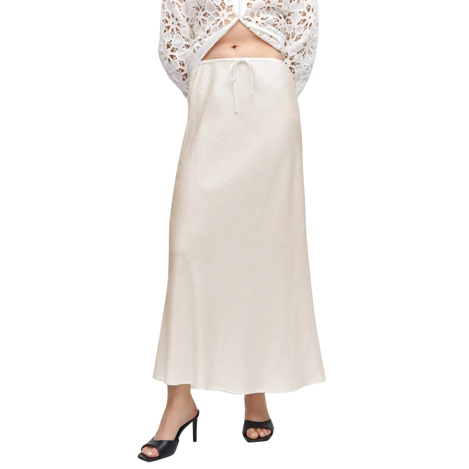 

Женская атласная длинная юбка, Повседневная Однотонная юбка на завязках с высокой талией, весна-лето 2024