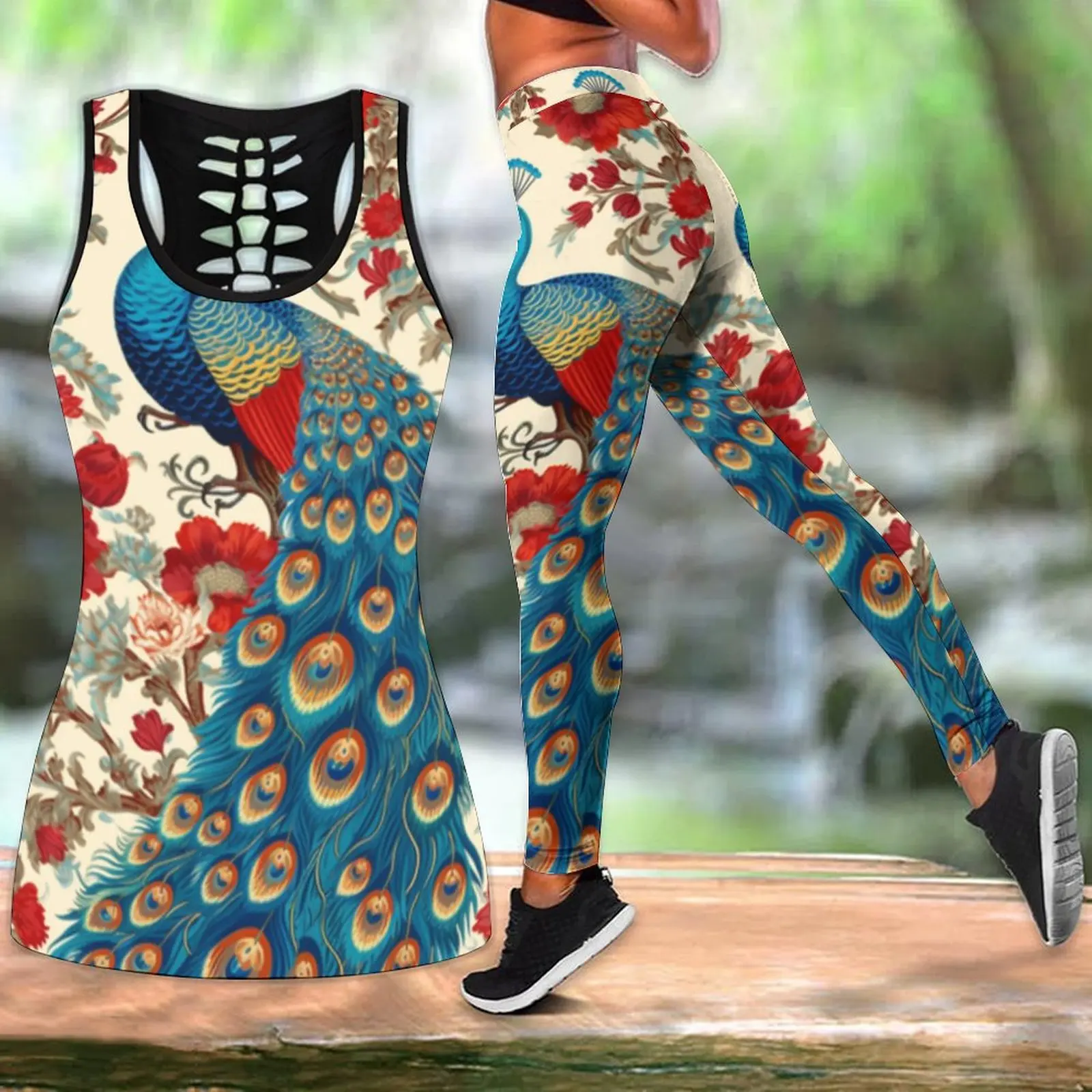 

Women's Summer New Urkish Peacock Print Yoga Set