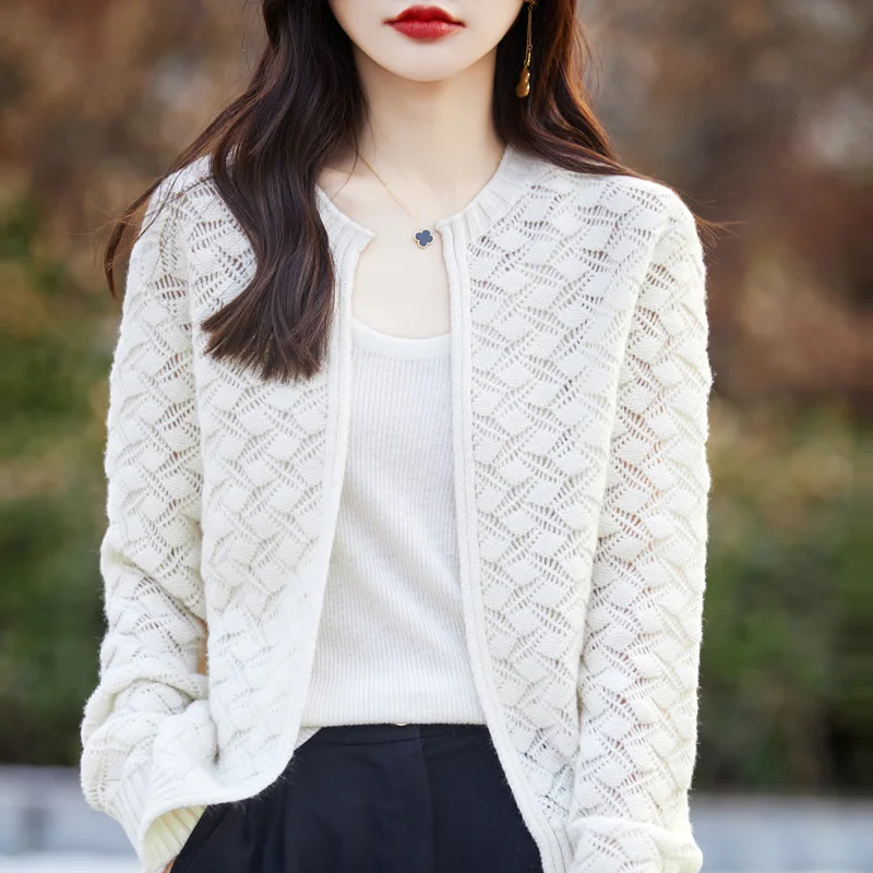 100% 울 가디건 여성용 O-넥 스웨터, 다용도 미니멀리스트 니트, 할로우 아웃, 얇은 코트, 용수철 여름, 24 