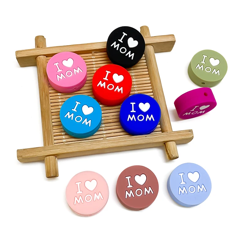 10pcs Silicone Love MOM Beads Kids Teething Toddler Toys Food Grade Silicone Teethers DIY Pacifier Toy Accessories Teething Toys Teething Beads Baby Silicone Accessories