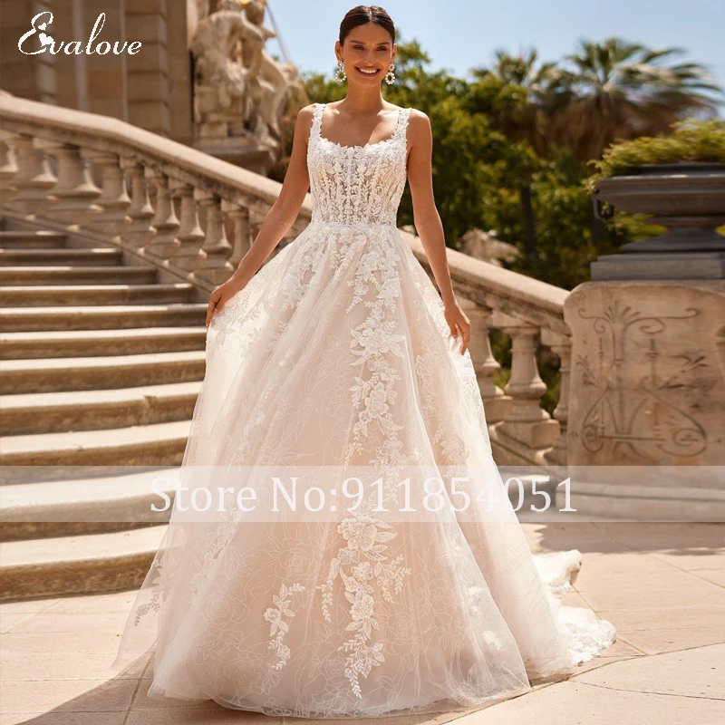 EASH HORIA Exquisite Appliques Court Train A-Line Wedding Dress 2023 Classic Square Collar Lace Embroidered Princess Bridal Gown