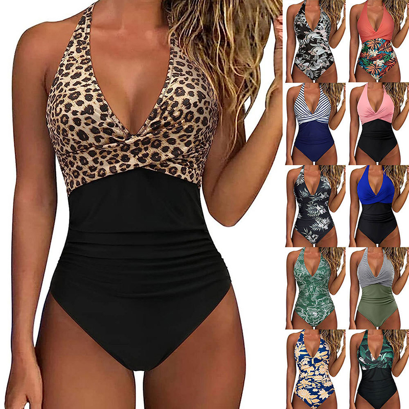 Print One Piece Swimsuit Women Sexy Pleated Bathing Suit Leopard Printed Bodysuit Bikini Set Summer Fashion New Beachwear 2025