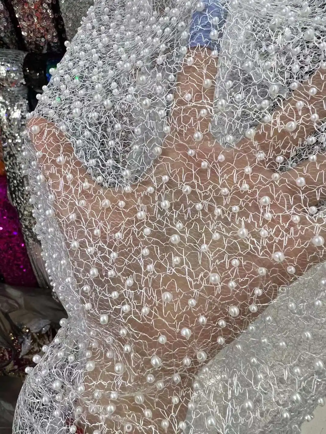 

SU white Luxury African Heavy Bead Lace Fabric High Quality 5 Yards Nigerian French Tulle Fabric Material For Wedding Party