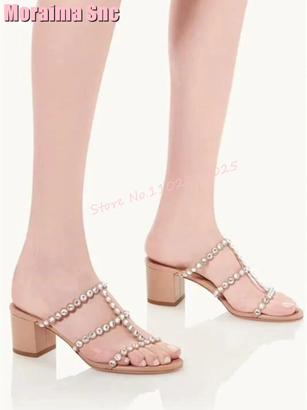 Crystal Hollow Thong Strap Slippers Round Open Toe Block Mid Heel Slip On Women Shoes Summer Slides Nude Solid Sexy Casual 2023