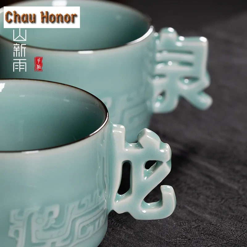 160ml Handmade Longquan Celadon Coffee Mug With Plate Hot Chocolate Cup Tea Pair Afternoon Tea Mug Cup Saucer Kit Drinkware Gift