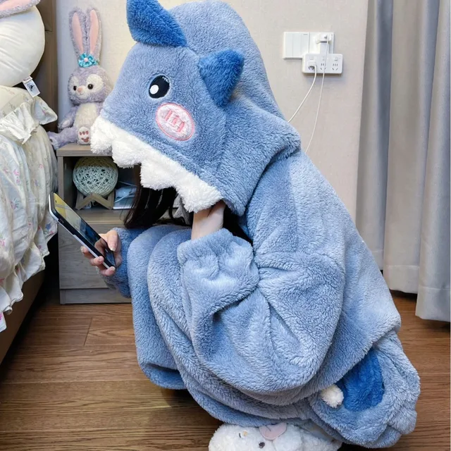 Cartoon Cute Shark Women's Hooded Sleepwear Kigurumi Unicorn Winter Cosplay Pijama jumpsuit Female Christmas Party Loungewear 4
