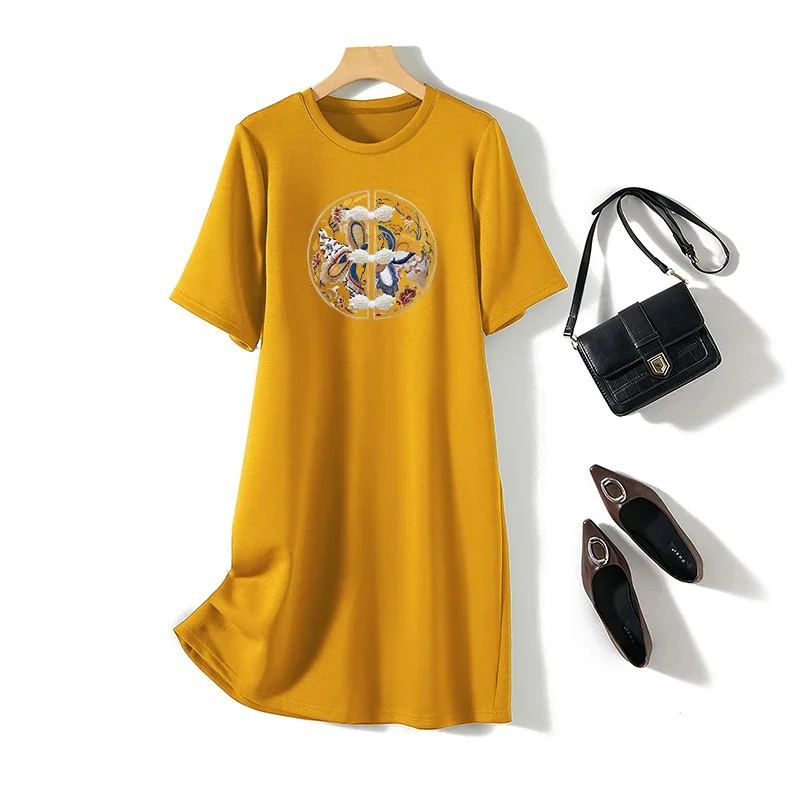 Women Chinese Style Printed Dresses Summer New O-neck Cotton Casual Fashion Basic Tunics 5