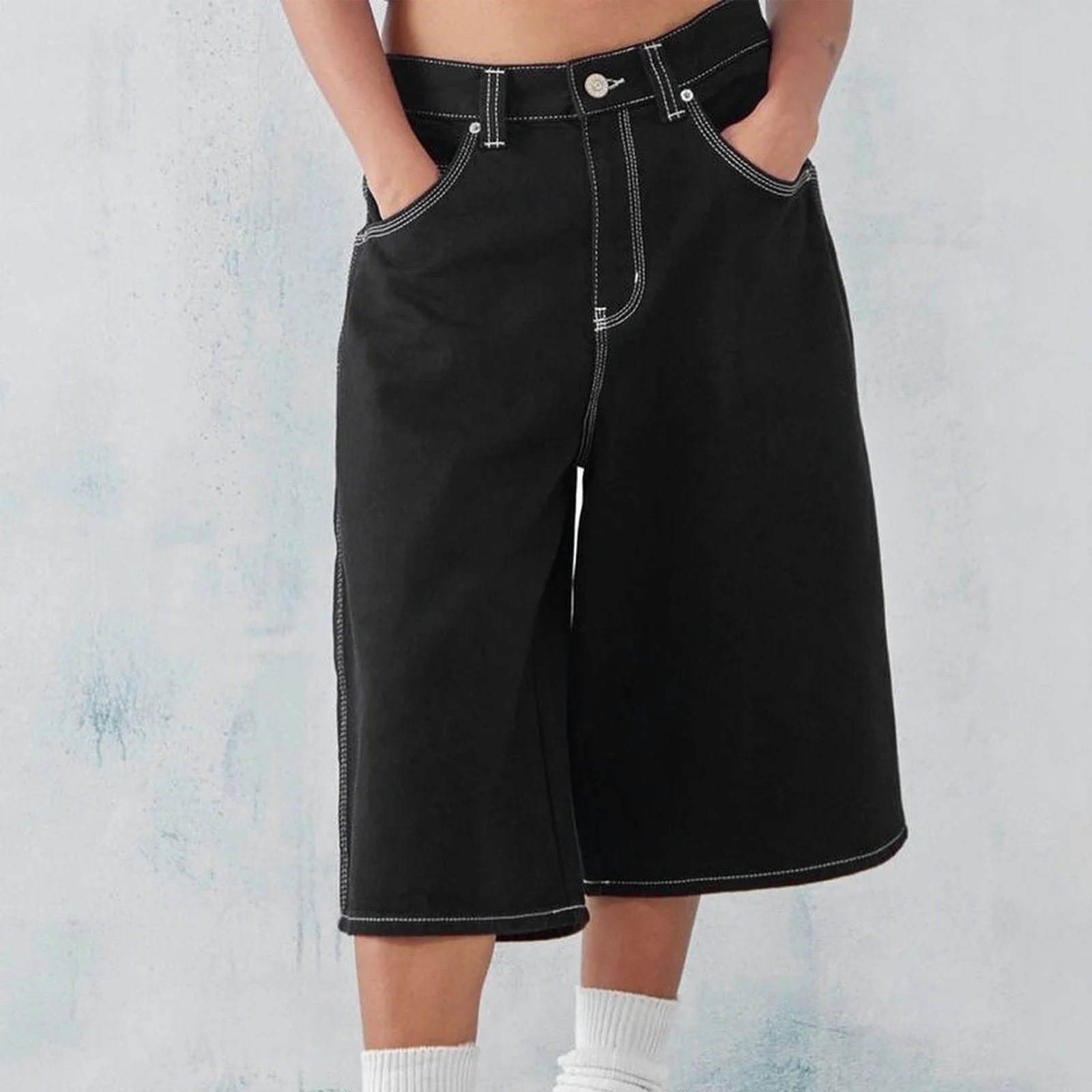 Men Jeans Denim Pants Denim Shorts Summer Jeans Shorts Baggy Jeans Shorts for Men Casual Loose Fit Wide Leg Denim Jorts Y2K Vintage Hip Hop Skateboard Long Jorts Male Streetwear