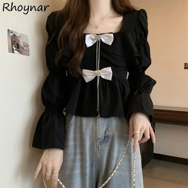 

Square Collar Blouses Women Chic Puff Sleeve Vintage Sweet Ruffles Trendy Ladies Elegant French Style Aesthetic Clothes Autumn