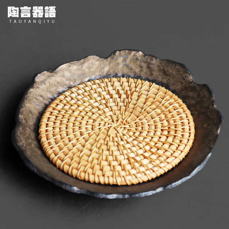 

Rock pottery kiln gilded teapot tray wooden stake theme design matching rattan mat kung fu tea ceremony utensils teapot base