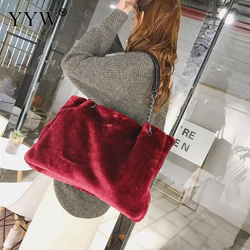 Large Capacity Designer Faux Fur Tote Handbags for Women PU Leather Top Handle Winter Warm Plush Bags Ladies Shopping Purse Bag