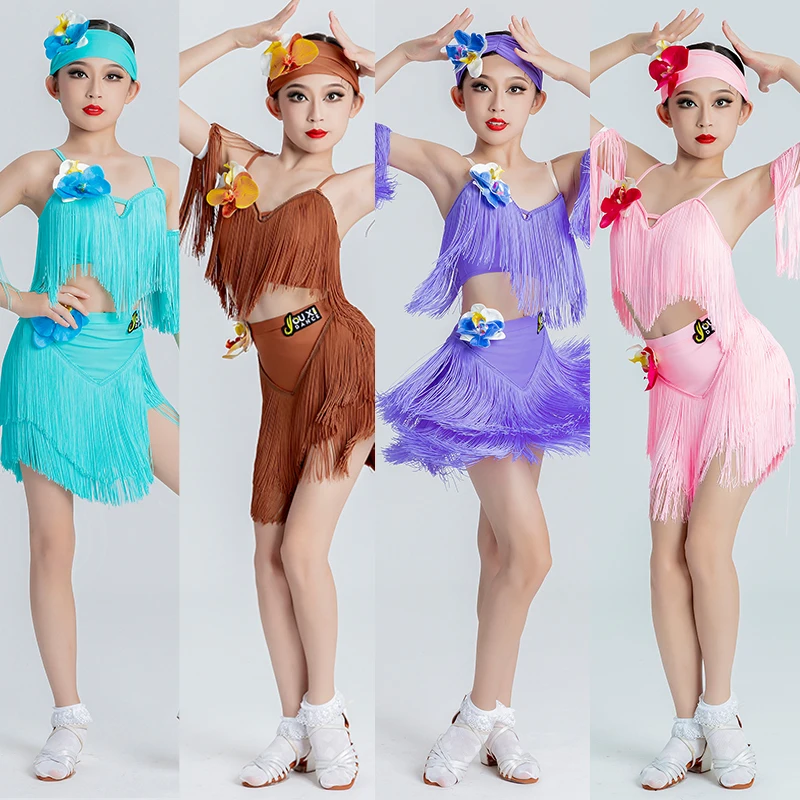 

Детский костюм для латиноамериканских танцев, с бахромой и цветами, DNV20649